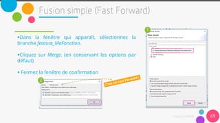 Dans la fenêtre qui apparaît, sélectionnez la
branche feature_MaFonction.
Cliquez sur Merge. (en conservant les options par
défaut)
 Fermez la fenêtre de confirmation
69
1
2
 