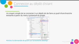 Un moyen simple de se connecter à un dépôt est de faire un push d’une branche
existante à partir du menu contextuel du projet.
Initiez la demande de push sur la branche develop
87
 
