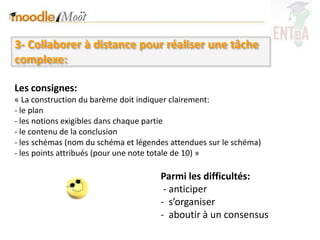 3- Collaborer à distance pour réaliser une tâche
complexe:

Les consignes:
« La construction du barème doit indiquer clairement:
- le plan
- les notions exigibles dans chaque partie
- le contenu de la conclusion
- les schémas (nom du schéma et légendes attendues sur le schéma)
- les points attribués (pour une note totale de 10) »

                                      Parmi les difficultés:
                                       - anticiper
                                      - s’organiser
                                      - aboutir à un consensus
 
