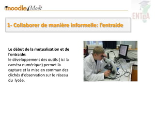1- Collaborer de manière informelle: l’entraide


Le début de la mutualisation et de
l’entraide:
le développement des outils ( ici la
caméra numérique) permet la
capture et la mise en commun des
clichés d’observation sur le réseau
du lycée.
 