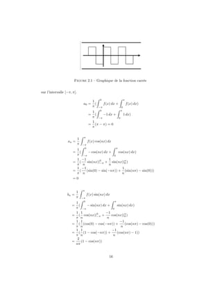 Figure 2.1 – Graphique de la fonction carrée


sur l’intervalle [−π, π].

                                                0                         π
                                          1
                                 a0 =       (        f (x) dx +               f (x) dx)
                                          π     −π                    0
                                                 0                    π
                                       1
                                      =  (   −1 dx +                      1 dx)
                                       π −π                       0
                                       1
                                      = (π − π) = 0
                                       π

                                 π
                            1
                  an =               f (x) cos(nx) dx
                            π   −π
                                 0             π
                       1
                      =  (   − cos(nx) dx +      cos(nx) dx)
                       π −π                  0
                       1 −1                1
                      = (   sin(nx)|0 + sin(nx)|π )
                                     −π              0
                       π n                 n
                       1 −1                        1
                      = (   (sin(0) − sin(−nπ)) + (sin(nπ) − sin(0)))
                       π n                         n
                      =0


                                π
                          1
                  bn =               f (x) sin(nx) dx
                          π     −π
                                 0                  π
                          1
                     =      (     − sin(nx) dx +      sin(nx) dx)
                          π −π                    0
                          1 1                 −1
                     =      ( cos(nx)|0 +
                                        −π       cos(nx)|π )
                                                           0
                          π n                  n
                          1 1                           −1
                     =      ( (cos(0) − cos(−nπ)) +        (cos(nπ) − cos(0)))
                          π n                            n
                          1 1                    −1
                     =      ( (1 − cos(−nπ)) +        (cos(nπ) − 1))
                          π n                     n
                           2
                     =        (1 − cos(nπ))
                          nπ


                                                        16
 