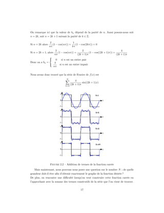On remarque ici que la valeur de bn dépend de la parité de n. Aussi posons-nous soit
n = 2k, soit n = 2k + 1 suivant la parité de k ∈ Z.

                   2                  1
Si n = 2k alors      (1 − cos(nπ)) =    (1 − cos(2kπ)) = 0
                  nπ                 kπ
                        2                     2                                4
Si n = 2k + 1, alors      (1 − cos(nπ)) =           (1 − cos((2k + 1)π)) =
                       nπ                 (2k + 1)π                        (2k + 1)π
                  
                     0     si n est un entier pair
Donc on a bn =       4
                          si n est un entier impair
                    nπ


Nous avons donc trouvé que la série de Fourier de f (x) est
                                 N
                                          4
                                                sin((2k + 1)x)
                                      (2k + 1)π
                                k=0




                  Figure 2.2 – Addition de termes de la fonction carrée
   Mais maintenant, nous pouvons nous poser une question sur le nombre N : de quelle
grandeur doit-il être aﬁn d’obtenir exactement le graphe de la fonction désirée ?
De plus, on rencontre une diﬃculté lorsqu’on veut construire cette fonction carrée en
l’approchant avec la somme des termes consécutifs de la série que l’on vient de trouver.


                                              17
 