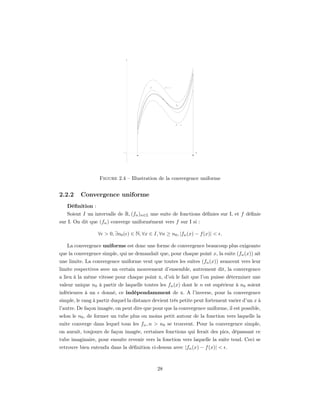 Figure 2.4 – Illustration de la convergence uniforme


2.2.2     Convergence uniforme
   Déﬁnition :
   Soient I un intervalle de R, (fn )n∈Z une suite de fonctions déﬁnies sur I, et f déﬁnie
sur I. On dit que (fn ) converge uniformément vers f sur I si :

                   ∀ > 0, ∃n0 ( ) ∈ N, ∀x ∈ I, ∀n ≥ n0 , |fn (x) − f (x)| < .

   La convergence uniforme est donc une forme de convergence beaucoup plus exigeante
que la convergence simple, qui ne demandait que, pour chaque point x, la suite (fn (x)) ait
une limite. La convergence uniforme veut que toutes les suites (fn (x)) avancent vers leur
limite respectives avec un certain mouvement d’ensemble, autrement dit, la convergence
a lieu à la même vitesse pour chaque point x, d’où le fait que l’on puisse déterminer une
valeur unique n0 à partir de laquelle toutes les fn (x) dont le n est supérieur à n0 soient
inférieures à un    donné, ce indépendamment de x. A l’inverse, pour la convergence
simple, le rang à partir duquel la distance devient très petite peut fortement varier d’un x à
l’autre. De façon imagée, on peut dire que pour que la convergence uniforme, il est possible,
selon le n0 , de former un tube plus ou moins petit autour de la fonction vers laquelle la
suite converge dans lequel tous les fn , n > n0 se trouvent. Pour la convergence simple,
on aurait, toujours de façon imagée, certaines fonctions qui ferait des pics, dépassant ce
tube imaginaire, pour ensuite revenir vers la fonction vers laquelle la suite tend. Ceci se
retrouve bien entendu dans la déﬁnition ci-dessus avec |fn (x) − f (x)| < .



                                              28
 