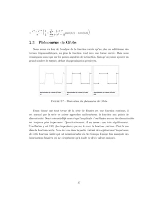 ∞
    eπ − e−π               (−1)n
=
        π
               (1 +
                2         π(n2 + 1)
                                                      )
                                    (cos(nx) − nsin(nx)
                      n=1


2.3      Phénomène de Gibbs
    Nous avons vu lors de l’analyse de la fonction carrée qu’au plus on additionne des
termes trigonométriques, au plus la fonction tend vers une forme carrée. Mais nous
remarquons aussi que sur les points anguleux de la fonction, bien qu’on puisse ajouter un
grand nombre de termes, défaut d’approximation persistera.




                       Figure 2.7 – Illustration du phénomène de Gibbs


    Etant donné que tout terme de la série de Fourier est une fonction continue, il
est normal que la série ne puisse approcher uniformément la fonction aux points de
discontinuité. Des études ont déjà montré que l’amplitude d’oscillation autour des discontinuités
est toujours plus importante. Quantitativement, il en ressort que très régulièrement,
l’oscillation y est 18% plus importante que sur le reste la fonction continue. C’est le cas
dans la fonction carrée. Nous verrons dans la partie traitant des applications l’importance
de cette fonction carrée qui est incontournable en électronique lorsque l’on manipule des
informations binaires qui ne s’expriment qu’à l’aide de deux valeurs uniques.




                                              37
 