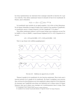 Les deux représentations ont clairement leurs avantages respectifs en fonction de ce que
l’on recherche. Nous allons maintenant énoncer la formule de base de la transformée de
Fourier, sans la démontrer.
                                         ˆ             +∞
                            F (f ) : ν → f (ν) =       −∞
                                                            f (t) e−i2πνt dt

   La transformée ainsi calculée est un signal complexe, c’est à dire en deux dimensions.
Là où chaque échantillon du signal d’origine était composé d’une grandeur (l’amplitude),
sa transformée associe à chaque fréquence à la fois l’amplitude 2 et la phase. 3
   Nous allons maintenant analyser ce qu’il se passe lorsque nous composons un son d’un
la (440Hz) et d’un ré (294Hz), respectivement déphasés de 0.7 et -0.2. L’équation de ce
son est :

                  x(t) = 0.5 cos((2π)500t + 0.7) + 0.25 cos((2π)294t − 0.2)

   Voici ce que donne cette addition graphiquement :




                      Figure 2.3 – Addition du signal du La et du Ré

   Traçons le graphe de la transformée de cette fonction maintenant. Deux traits sont à
nouveau présents sur le graphe de la transformée. En lisant le graphique nous pouvons
donc retrouver les deux fréquences avec leur amplitude et phase respective. Il est important
de remarquer que l’amplitude nous donne une indication sur le volume sonore de chaque
fréquence alors que la phase nous renseigne sur le positionnement dans le temps. Nous
  2. L’amplitude c’est le volume sonore associé à chaque fréquence
  3. La phase est un concept un peu plus abstrait, il s’agit du “retard” de chaque fréquence.


                                                  42
 