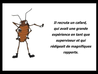 Il recruta un cafard,  qui avait une grande expérience en tant que superviseur et qui rédigeait de magnifiques rapports. 