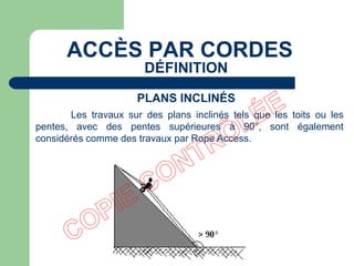 PLANS INCLINÉS
Les travaux sur des plans inclinés tels que les toits ou les
pentes, avec des pentes supérieures à 90°, sont également
considérés comme des travaux par Rope Access.
ACCÈS PAR CORDES
DÉFINITION
 