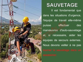 Il est fondamental que
dans les situations d'urgence,
l'équipe de travail elle-même
puisse effectuer des
manœuvres d'auto-sauvetage
et, si nécessaire, aider les
équipes de secours externes.
Nous devons veiller à ne pas
 