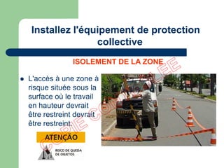  L'accès à une zone à
risque située sous la
surface où le travail
en hauteur devrait
être restreint devrait
être restreint.
ISOLEMENT DE LA ZONE
Installez l'équipement de protection
collective
 