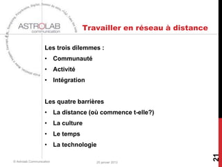 Travailler en réseau à distance

                    Les trois dilemmes :
                    • Communauté
                    • Activité
                    • Intégration


                    Les quatre barrières
                    • La distance (où commence t-elle?)
                    • La culture
                    • Le temps
                    • La technologie




                                                                   21
© Astrolab Communication             25 janvier 2013
 
