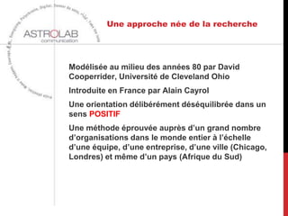Une approche née de la recherche




Modélisée au milieu des années 80 par David
Cooperrider, Université de Cleveland Ohio
Introduite en France par Alain Cayrol
Une orientation délibérément déséquilibrée dans un
sens POSITIF
Une méthode éprouvée auprès d’un grand nombre
d’organisations dans le monde entier à l’échelle
d’une équipe, d’une entreprise, d’une ville (Chicago,
Londres) et même d’un pays (Afrique du Sud)
 