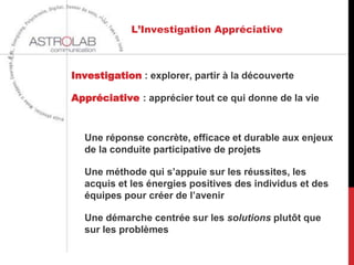 L’Investigation Appréciative



Investigation : explorer, partir à la découverte

Appréciative : apprécier tout ce qui donne de la vie



  Une réponse concrète, efficace et durable aux enjeux
  de la conduite participative de projets

  Une méthode qui s’appuie sur les réussites, les
  acquis et les énergies positives des individus et des
  équipes pour créer de l’avenir

  Une démarche centrée sur les solutions plutôt que
  sur les problèmes
 