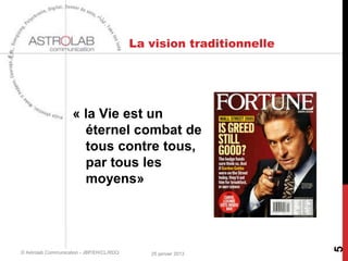 La vision traditionnelle




                     « la Vie est un
                       éternel combat de
                       tous contre tous,
                       par tous les
                       moyens»




                                                                      5
© Astrolab Communication - JBP/EH/CL/RDQ      25 janvier 2013
 