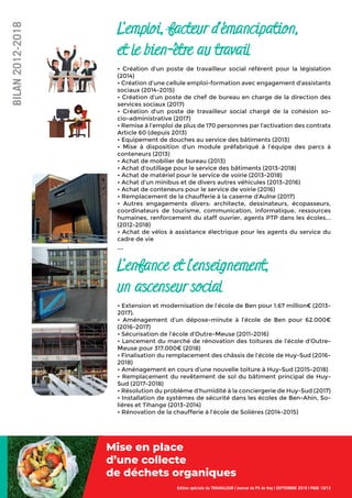 L’emploi, facteur d’émancipation,
et le bien-être au travail
• Création d’un poste de travailleur social référent pour la législation
(2014)
• Création d’une cellule emploi-formation avec engagement d’assistants
sociaux (2014-2015)
• Création d’un poste de chef de bureau en charge de la direction des
services sociaux (2017)
• Création d’un poste de travailleur social chargé de la cohésion so-
cio-administrative (2017)
• Remise à l’emploi de plus de 170 personnes par l’activation des contrats
Article 60 (depuis 2013)
• Equipement de douches au service des bâtiments (2013)
• Mise à disposition d’un module préfabriqué à l’équipe des parcs à
conteneurs (2013)
• Achat de mobilier de bureau (2013)
• Achat d’outillage pour le service des bâtiments (2013-2018)
• Achat de matériel pour le service de voirie (2013-2018)
• Achat d’un minibus et de divers autres véhicules (2013-2016)
• Achat de conteneurs pour le service de voirie (2016)
• Remplacement de la chaufferie à la caserne d’Aulne (2017)
• Autres engagements divers: architecte, dessinateurs, écopasseurs,
coordinateurs de tourisme, communication, informatique, ressources
humaines, renforcement du staff ouvrier, agents PTP dans les écoles...
(2012-2018)
• Achat de vélos à assistance électrique pour les agents du service du
cadre de vie
...
L’enfance et l’enseignement,
un ascenseur social
• Extension et modernisation de l’école de Ben pour 1,67 million€ (2013-
2017).
• Aménagement d’un dépose-minute à l’école de Ben pour 62.000€
(2016-2017)
• Sécurisation de l’école d’Outre-Meuse (2011-2016)
• Lancement du marché de rénovation des toitures de l’école d’Outre-
Meuse pour 317.000€ (2018)
• Finalisation du remplacement des châssis de l’école de Huy-Sud (2016-
2018)
• Aménagement en cours d’une nouvelle toiture à Huy-Sud (2015-2018)
• Remplacement du revêtement de sol du bâtiment principal de Huy-
Sud (2017-2018)
• Résolution du problème d’humidité à la conciergerie de Huy-Sud (2017)
• Installation de systèmes de sécurité dans les écoles de Ben-Ahin, So-
lières et Tihange (2013-2014)
• Rénovation de la chaufferie à l’école de Solières (2014-2015)
Edition spéciale du TRAVAILLEUR | Journal du PS de Huy | SEPTEMBRE 2018 | PAGE 10/12
BILAN2012-2018
Mise en place
d’une collecte
de déchets organiques
 