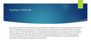 Applique médicale
Les corps de Barr ou la chromatine du genre permet de déterminer macroscopiquement le genre
chez un patient dont les organes sexuels externes ne permettent pas la détermination, comme
dans le cas de l’hermaphrodisme ou du pseudohermaphrodisme. Les analyses de la chromatine
sexuelle permettent aussi de révéler d’autres anomalies atteignant les chromosomes sexuels,
comme la présence des chromosomes XXY (syndrome de Klinefelter) qui cause l’atrophie des
testicules et l’azoospermie (absence des spermes)
 
