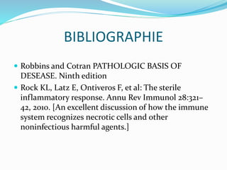BIBLIOGRAPHIE
 Robbins and Cotran PATHOLOGIC BASIS OF
DESEASE. Ninth edition
 Rock KL, Latz E, Ontiveros F, et al: The sterile
inflammatory response. Annu Rev Immunol 28:321–
42, 2010. [An excellent discussion of how the immune
system recognizes necrotic cells and other
noninfectious harmful agents.]
 