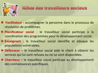 Rôles des travailleurs sociauxFacilitateur : accompagner la personne dans le processus de résolution de problèmes.Planificateur social : le travailleur social participe à la coordination des programmes pour le développement social.Enseignant : le travailleur social identifie et éduque les populations vulnérables.Défenseur – le travailleur social aide le client à obtenir les services qui lui sont refuses ou ne lui sont disponibles. Chercheur – le travailleur social participe au développement des connaissances spécifiques.