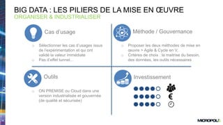 18
BIG DATA : LES PILIERS DE LA MISE EN ŒUVRE
ORGANISER & INDUSTRIALISER
o Sélectionner les cas d’usages issus
de l’expérimentation et qui ont
validé la valeur immédiate
o Pas d’effet tunnel…
o Proposer les deux méthodes de mise en
œuvre > Agile & Cycle en V,
o Critères de choix : la maitrise du besoin,
des données, les outils nécessaires
o ON PREMISE ou Cloud dans une
version industrialisée et gouvernée
(de qualité et sécurisée)
Cas d’usage Méthode / Gouvernance
Outils Investissement
 