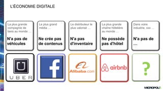 3
L’ÉCONOMIE DIGITALE
La plus grande
compagnie de
taxis au monde …
N'a pas de
véhicules
Le plus grand
média …
Ne crée pas
de contenus
Le distributeur le
plus valorisé …
N'a pas
d'inventaire
La plus grande
chaîne hôtelière
au monde …
Ne possède
pas d'hôtel
Dans votre
industrie, xxx …
N'a pas de
…
?
 