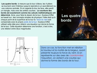 Les quatre bords : à mesure que la tour s’éleve, les 4 piliers se tournent vers l’intérieur jusqu’à rejoindre à un seul élément ou  une colonne centrale. Si on regarde la tour de face, elle paraît un triangle, mais avec les arêtes courbes.  La courbure des bords est exactement comme les calculs mathématiques ont déterminé . Ainsi, pour faire le dessin de la tour, Gustave Eiffel se basait sur  des concepts simples de physique: l’idée était qu’à chaque point de la superficie de la tour la  force du vent  soit compensée avec le propre  poids de la tour . Gustave Eiffel utilisait cette idée pour obtenir une équation qui donne la forme de la tour.  Cette équation détermine une fonction, c’est à dire, une rélation entre deux magnitudes   - Les quatre  bords   Dans ce cas, la fonction met en rélation  la hauteur et la moitié de la largeur, ayant présente toujours la force du vent.  Si on représente sur des axes de  coordonnées  l’équation, on obtient une courbe qui donne la forme des bords de la tour.   