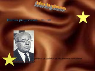 1931-1936 gobierno de coalición de republicanos y socialistas Jefes de gobiernos Bienio progresista Manuel Azaña 