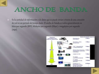  Es la cantidad de información o de datos que se puede enviar a través de una conexión
de red en un período de tiempo dado. El ancho de banda se indica generalmente en
bites por segundo (BPS), kilobytes por segundo (Kbps), o megabytes por segundo
(mps).
 