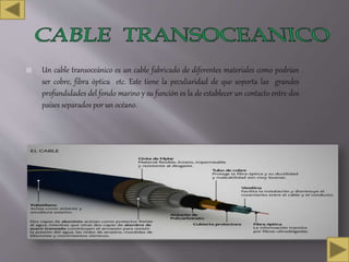  Un cable transoceánico es un cable fabricado de diferentes materiales como podrían
ser cobre, fibra óptica etc. Este tiene la peculiaridad de que soporta las grandes
profundidades del fondo marino y su función es la de establecer un contacto entre dos
países separados por un océano.
 