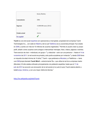 Kenny Bentley
Lanzamiento 2006
Ingresos 14.000.000 euros (2012)
2
Estado actual Activo
En español
Tuenti es una red social española con operaciones a nivel global, propiedad de la empresa Tuenti
Technologies S.L, , con sede en Madrid y de la cual Telefónica es su accionista principal. Fue creada
en 2006 y cuenta con más de 15 millones de usuarios registrados.3
Permite al usuario crear su propio
perfil, añadir a otros usuarios como amigos e intercambiar mensajes, fotos, vídeos, páginas o eventos.
Tiene servicio de chat —individual y en grupo—4
y videochat —solo con una persona—. Hasta el 14 de
noviembre de 2011, la red social era privada y solo podía accederse por invitación,5
y desde 2009 tiene
un requisito de edad mínima de 14 años.6
Tuenti —que pertenece a Movistar y a Telefónica — tiene
una OMVpropia llamada Tuenti Móvil —anteriormente Tu— que utiliza la red de su empresa madre
(Movistar). El sitio estaba enfocado principalmente a la población española, hasta que el 11 de
julio de 2012 se anunció una renovación de la red social en la cual el nuevo Tuenti estaría abierto a
todaEuropa, América, y con una mayor oferta de idiomas.7
http://es.wikipedia.org/wiki/Tuenti
 
