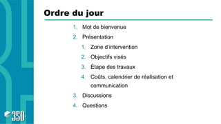 Ordre du jour
1. Mot de bienvenue
2. Présentation
1. Zone d’intervention
2. Objectifs visés
3. Étape des travaux
4. Coûts, calendrier de réalisation et
communication
3. Discussions
4. Questions
 