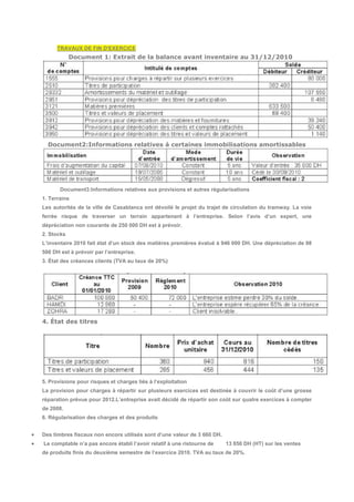 TRAVAUX DE FIN D'EXERCICE 
Document 1: Extrait de la balance avant inventaire au 31/12/2010 
Document2:Informations relatives à certaines immobilisations amortissables 
Document3:Informations relatives aux provisions et autres régularisations 
1. Terrains 
Les autorités de la ville de Casablanca ont dévoilé le projet du trajet de circulation du tramway. La voie 
ferrée risque de traverser un terrain appartenant à l’entreprise. Selon l’avis d’un expert, une 
dépréciation non courante de 250 000 DH est à prévoir. 
2. Stocks 
L’inventaire 2010 fait état d’un stock des matières premières évalué à 946 000 DH. Une dépréciation de 98 
500 DH est à prévoir par l’entreprise. 
3. État des créances clients (TVA au taux de 20%) 
4. État des titres 
5. Provisions pour risques et charges liés à l’exploitation 
La provision pour charges à répartir sur plusieurs exercices est destinée à couvrir le coût d’une grosse 
réparation prévue pour 2012.L’entreprise avait décidé de répartir son coût sur quatre exercices à compter 
de 2008. 
6. Régularisation des charges et des produits 
 Des timbres fiscaux non encore utilisés sont d’une valeur de 3 660 DH. 
 Le comptable n’a pas encore établi l’avoir relatif à une ristourne de 13 850 DH (HT) sur les ventes 
de produits finis du deuxième semestre de l’exercice 2010. TVA au taux de 20%. 
 