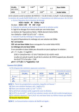 14
CH3NH2
(pKa=10,6)
0,063 2.10-12
5.10-3
11,7
Base faible
HClO 7,5.10-2
5.10-5
2.10-11
4,3 Acide faible
2) Un volume va de la solution de HClO (C = 7,5.10-2 mol.L-1 et pH = 4,3) est dosé par
la solution de soude NaOH (0,06 mol.L-1). L’équivalence est obtenue pour vb=12,5ml.
a- Ecrire l’équation de la réaction de dosage
HClO + NaOH  ClONa + H2O
Ou bien HClO + OH-
 ClO-
+ H2O
b- Calculer le volume va de la prise d’essai de la solution acide
Il s’agit d’un dosage d’un mono-acide par une mono-base
La relation de l’équivalence NaVa = NbVb devient CaVa=CbVb
Va= CbVb/Ca = 0,06*12,5/7,5.10-2
= 10 mL
c- Calculer le pH du mélange à l’équivalence.
Au point d’équivalence le mélange est une solution de ClONa
Na+
est inactive
ClO-
est une base faible (base conjuguée d’un acide faible HClO)
Le mélange est une base faible
Si on considère la base faible peu dissociée on peut appliquer la relation :
pH = 7 + ½ pKa + ½ log[ClO-
]
[ClO-
]= CaVa/(Va+Ve) = (7.10-2*10/(10+12.5)) =0,031 mol/L
Le pKa est calculé à partir du pH de la solution de HClO (supposé peu dissocié)
Ka=[H3O+
]2
/C d’où pKa = 7,48:
pH=7 + ½*7,48 + ½ *log(0,031) = 9,9
Examen SV1 (2014)
1/ On dispose des solutions aqueuses suivantes :
méthylamine éthanolate de sodium
CH3NH2 HCl HClO NaOH (C2H5O-
, Na+
)
C mol.L-1 7,5.10-2
1.10-4
pH 11,7 1,3 4,3 12,78 10
pKa 10,6
QCM 1 : Parmi les propositions suivantes, laquelle est fausse ?
A/ Dans une solution basique, pH=- log([H3O+
]).
B/ Dans une solution acide, Ke=10-14
à 25°C.
C/ Le pH d’une solution acide augmente avec la dilution.
D/ A 37°C, Ke=2,4.10-14
; le pH d’une solution neutre est de 6,8 à cette température.
E/ En solution aqueuse, l’ion C2H5O-
est une base forte au même niveau que NaOH.
F/ Aucune réponse fausse
QCM 2 : La Concentration molaire de NaOH est égale :
 