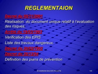 REGLEMENTAION
Décret du 05/11/2001
Réalisation du document unique relatif à l’evaluation
des risques.
Arrêté du 19/03/1993
Vérification des EPIS
Liste des travaux dangereux.
Décret du 20/02/1992
Décret du 26/12/94
Définition des plans de prévention
100M.HAMMANI BACHIR IFEG/ETB
 