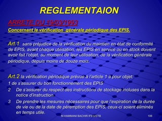 REGLEMENTAION
ARRETE DU 19/03/1993
Concernant le vérification générale périodique des EPIS.
Art.1 sans préjudice de la vérification du maintien en état de conformité
de EPIS, avant chaque utilisation, les EPIS en service ou en stock doivent
avoir fait l’objet, au moment de leur utilisation, de la vérification générale
périodique, depuis moins de douze mois.
Art.2 la vérification périodique prévue à l’article 1 à pour objet:
1 de s’assurer du bon fonctionnement des EPIS
2 De s’assurer du respect des instructions de stockage incluses dans la
notice d’instruction.
3 De prendre les mesures nécessaires pour que l’expiration de la durée
de vie ou de la date de péremption des EPIS, ceux-ci soient éliminés
en temps utile.
106M.HAMMANI BACHIR IFEG/ETB
 