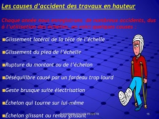 Les causes d’accident des travaux en hauteur
Chaque année nous enregistrons de nombreux accidents, dus
à l’utilisation des échelles, en voici quelques causes :
Glissement latéral de la tête de l’échelle
Glissement du pied de l’échelle
Rupture du montant ou de l’échelon
Déséquilibre causé par un fardeau trop lourd
Geste brusque suite électrisation
Échelon qui tourne sur lui-même
Échelon glissant ou rendu glissant 15M.HAMMANI BACHIR IFEG/ETB
 