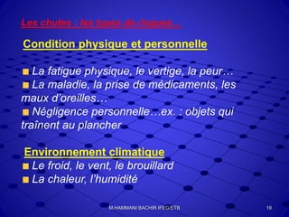 Les chutes : les types de risques…
Condition physique et personnelle
La fatigue physique, le vertige, la peur…
La maladie, la prise de médicaments, les
maux d’oreilles…
Négligence personnelle…ex. : objets qui
traînent au plancher
Environnement climatique
Le froid, le vent, le brouillard
La chaleur, l’humidité
19M.HAMMANI BACHIR IFEG/ETB
 