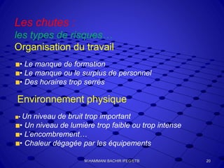 Les chutes :
les types de risques…
Organisation du travail
• Le manque de formation
• Le manque ou le surplus de personnel
• Des horaires trop serrés
Environnement physique
• Un niveau de bruit trop important
• Un niveau de lumière trop faible ou trop intense
• L’encombrement…
• Chaleur dégagée par les équipements
M.HAMMANI BACHIR IFEG/ETB 20
 