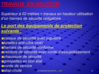 TRAVAUX EN HAUTEUR
Supérieur à 02 mètres = travaux en hauteur utilisation
d’un harnais de sécurité obligatoire.
Le port des équipements de protection
suivante :
casque de sécurité avec jugulaire
lunettes anti-ultra violet
harnais de sécurité conforme
ceinture de sécurité avec corde d’assujettissement
chaussure de sécurité
grimpettes en bon état
corde de service
stop-chute 30M.HAMMANI BACHIR IFEG/ETB
 