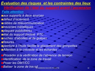 Évaluation des risques et les contraintes des lieux
Vérification de l’état du support avant l’ascension
Faite attention
aux supports à deux sources
défaut d’isolement
câbles de télécommunication
traverses métalliques
plaques publicitaires
état du support (incliné ETC…
ruches d’abeilles et de guêpes
fissures
peinture à l’huile facilite le glissement des grimpettes
Attention à la créosote et les échardes ….
Procéder à la vérification de l’absence de tension
Identification de la zone de travail
Poser les DMT/CC
Baliser la zone de travail 32M.HAMMANI BACHIR IFEG/ETB
 
