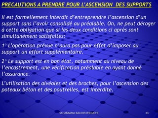 PRECAUTIONS A PRENDRE POUR L’ASCENSION DES SUPPORTS
Il est formellement interdit d’entreprendre l’ascension d’un
support sans l’avoir consolidé au préalable. On, ne peut déroger
à cette obligation que si les deux conditions ci après sont
simultanément satisfaites:
1° L’opération prévue n’aura pas pour effet d’imposer au
support un effort supplémentaire.
2° Le support est en bon état, notamment au niveau de
l’encastrement, une vérification préalable en ayant donné
l’assurance.
L’utilisation des alvéoles et des broches, pour l’ascension des
poteaux béton et des poutrelles, est interdite.
33M.HAMMANI BACHIR IFEG/ETB
 
