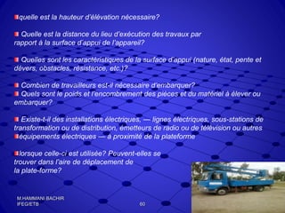 quelle est la hauteur d’élévation nécessaire?
Quelle est la distance du lieu d’exécution des travaux par
rapport à la surface d’appui de l’appareil?
Quelles sont les caractéristiques de la surface d’appui (nature, état, pente et
dévers, obstacles, résistance, etc.)?
Combien de travailleurs est-il nécessaire d’embarquer?
Quels sont le poids et l’encombrement des pièces et du matériel à élever ou
embarquer?
Existe-t-il des installations électriques, — lignes électriques, sous-stations de
transformation ou de distribution, émetteurs de radio ou de télévision ou autres
équipements électriques — à proximité de la plateforme
lorsque celle-ci est utilisée? Peuvent-elles se
trouver dans l’aire de déplacement de
la plate-forme?
60
M.HAMMANI BACHIR
IFEG/ETB
 