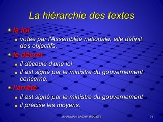La hiérarchie des textes
la loi
 votée par l'Assemblée nationale, elle définit
des objectifs.
le décret
 il découle d'une loi
 il est signé par le ministre du gouvernement
concerné.
l'arrêté
 il est signé par le ministre du gouvernement
 il précise les moyens.
75M.HAMMANI BACHIR IFEG/ETB
 
