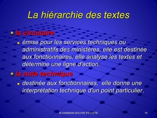 La hiérarchie des textes
la circulaire
 émise pour les services techniques ou
administratifs des ministères, elle est destinée
aux fonctionnaires; elle analyse les textes et
détermine une ligne d'action.
la note technique
 destinée aux fonctionnaires, elle donne une
interprétation technique d'un point particulier.
76M.HAMMANI BACHIR IFEG/ETB
 