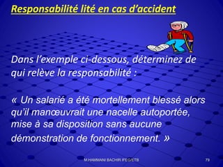 Responsabilité lité en cas d’accident
Dans l’exemple ci-dessous, déterminez de
qui relève la responsabilité :
« Un salarié a été mortellement blessé alors
qu’il manœuvrait une nacelle autoportée,
mise à sa disposition sans aucune
démonstration de fonctionnement. »
79M.HAMMANI BACHIR IFEG/ETB
 