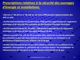 Prescriptions relatives à la sécurité des ouvrages
d’énergie et installations.
•Décrets n° 90.245 et n° 90.246 du 18 Août 1990 portant réglementation des
APG et APV,
•Arrêté interministériel du 02 décembre 1998 portant approbation du règlement
technique et de sécurité des ouvrages de distribution d’énergie électrique,
•Arrêté interministériel du 14 Juillet 1999 portant approbation du règlement
technique et de sécurité des ouvrages publique de gaz
•Décret exécutif n°10-331 du 29 décembre 2010 fixant les limites du périmètre
de protection autour des installations et infrastructures de transport et de
distribution d’hydrocarbures, d’électricité et de gaz.
•Arrêté interministériel du 14 Juin 2011 fixant les limites, les conditions et les
modalités d’occupation du périmètre de protection autour des installations et
infrastructures de transport et de distribution d’électricité et de gaz.
91M.HAMMANI BACHIR IFEG/ETB
 