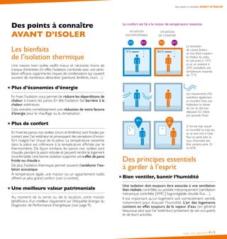 Isoler son logement 4•5
Des points à connaître AVANT D’ISOLER
Le confort est lié à la notion de température ressentie
Des principes essentiels
à garder à l’esprit
Bien ventiler, bannir l’humidité
Une isolation doit toujours être associée à une ventilation
bien réalisée, contrôlée ou assistée mécaniquement (ventilation
mécanique contrôlée [VMC ] hygroréglable, double flux…).
Il est important qu’un logement soit correctement ventilé,
notamment pour évacuer l’humidité. L’air des logements
contient en effet toujours de la vapeur d’eau (en général
beaucoup plus que l’air extérieur) provenant de ses occupants
et de leurs activités.
Des points à connaître
AVANT D’ISOLER
Les bienfaits
de l’isolation thermique
Une maison bien isolée vieillit mieux et nécessite moins de
travaux d’entretien. En effet, l’isolation, combinée avec une venti-
lation efficace, supprime les risques de condensation qui causent
souvent de nombreux désordres (peinture, fenêtres, murs…).
Plus d’économies d’énergie
En hiver, l’isolation vous permet de réduire les déperditions de
chaleur à travers les parois. En été, l’isolation fait barrière à la
chaleur extérieure.
Cela entraîne immédiatement une réduction de votre facture
d’énergie pour le chauffage ou la climatisation.
Plus de confort
En hiver,les parois non isolées (murs et fenêtres) sont froides par
contact avec l’air extérieur et provoquent des sensations d’incon-
fort malgré l’air chaud de la pièce. La température ressentie
dans la pièce est inférieure à la température affichée par le
thermomètre. De façon similaire, les parois non isolées sont
chaudes pendant la saison estivale et peuvent rendre le logement
inconfortable. Une bonne isolation supprime cet « effet de paroi
froide ou chaude ».
De plus, l’isolation thermique permet souvent d’améliorer l’iso-
lation acoustique.
À température égale, une maison ou un appartement isolés
offrent un plus grand confort (voir ci-contre).
Une meilleure valeur patrimoniale
Au moment de la vente ou de la location, votre maison
bénéficiera d’un meilleur classement sur l’étiquette énergie du
Diagnostic de Performance Énergétique (voir page 9).
Les mouvements d’air 
entraînent également
un inconfort dans une
habitation, la vitesse
de l’air ne doit pas
dépasser 0,2 mètre
par seconde l’hiver.
Si l’air est trop saturé
en humidité ou trop sec,
on se sent mal à l’aise.
Pour se sentir bien, le
taux d’humidité doit
être compris entre 35
et 60 %.
35 %
à
60 %
80 %
La sensation
de « paroi froide » :
un mur froid « aspire »
la chaleur du corps.
Ici, une paroi à 14°C
et un air ambiant à
20°C entraînent une
température ressentie
de 17°C.
14°C 19°C
SITUATION
INCONFORTABLE
SITUATION
DE CONFORT
17° C ressenti 19,5° C ressenti
20°C20°C
 