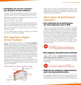 Après 1974, la construction des bâtiments neufs et, plus
récemment, la rénovation des bâtiments, sont soumises à des
réglementations thermiques qui impliquent le respect de niveaux
d’isolation de plus en plus élevés.
Quel niveau de performance
atteindre ?
Une indication de la performance
de votre logement avec le DPE
Depuis le 1er
janvier 2011, les résultats du diagnostic de perfor-
mance énergétique (DPE) figurent sur les annonces immobilières
(location ou vente).Vous pouvez ainsi connaître la consomma-
tion estimée pour le chauffage, l’eau chaude sanitaire et la clima-
tisation, sur la base d’une utilisation standardisée du logement,
ainsi que les émissions de gaz à effet de serre liées à cette
consommation. Le DPE comprend aussi des recommandations
et conseils visant à améliorer la performance énergétique.
Les Points rénovation info service peuvent vous aider à inter-
préter les résultats de votre DPE et vous conseiller dans le
choix des travaux.
Guide de l’ADEME
« Le Diagnostic de Performance Énergétique »
Sur internet : www.renovation-info-service.gouv.fr
Des exigences de performance minimale
Depuis novembre 2007,une réglementation thermique fixe des
performances minimales à respecter lors de travaux d’isolation.
Elle fixe également des exigences minimales pour le chauffage,
la climatisation, l’eau chaude sanitaire, la régulation, la ventilation
et l’éclairage.
Fiche “comprendre la réglementation” « Travaux
de rénovation : la réglementation thermique »
Dépasser les exigences réglementaires
pour une bonne performance
Les exigences réglementaires sont les valeurs plancher qu’il
faut respecter au minimum, mais il est souhaitable de viser une
meilleure performance. C’est d’ailleurs avec cet objectif que
Isoler son logement 8•9
Des points à connaître AVANT D’ISOLER
Compléter les travaux « lourds »
par de petits travaux efficaces
N’oubliez pas de réaliser également des petits travaux qui per-
mettront de réduire encore davantage les pertes de chaleur :
calorifuger votre ballon d’eau chaude et les tuyaux d’eau chaude
traversant des pièces non chauffées,
isoler les coffrets de volets roulants,
supprimer les entrées d’air froid sous les portes donnant sur les
pièces non chauffées (garage,cave) en plaçant des bas de portes,
voire en collant un isolant incombustible sur toute la porte,
fermer les cheminées non utilisées pour éviter l’arrivée d’air
froid par le conduit.
Tous ces petits travaux contribuent à améliorer votre confort
et à réduire vos besoins de chauffage.
Des logements inégaux
devant l’isolation
Pour les constructions antérieures à 1974, aucune obligation
d’isoler n’était imposée. Il en résulte que ces maisons étaient
rarement isolées à la construction. Mais leurs performances ne
sont pas toutes identiques.Les matériaux de construction tels que
les briques et les pierres (utilisés jusqu’à la fin de la première moitié
du XXe
siècle) ont souvent des propriétés thermiques plus intéres-
santes que ceux utilisés pour les constructions des années 60 ou 70.
Pour réaliser l’isolation des maisons anciennes, un diagnostic au
cas par cas est indispensable pour choisir la solution d’isolation
la plus appropriée. Elle tiendra compte de la nature des parois
(maison en pierres, colombages, murs à remplissage).
L’isolation thermique ne doit pas entraîner de désordres ni de
dégradation des éventuelles qualités du bâti ancien, dus à un
choix d’isolation inadaptée (une bonne isolation va de pair avec
une bonne ventilation).
Pertes de chaleur d’une maison d’avant 1974 non isolée
Air renouvelé et fuites
20 à 25%
Toit
25 à 30%
Fenêtres
10 à 15%
Murs
20 à 25%
Planchers bas
7 à 10%
Ponts thermiques
5 à 10%
 