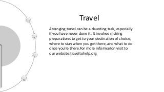 Travel
Arranging travel can be a daunting task, especially
if you have never done it. It involves making
preparations to get to your destination of choice,
where to stay when you get there, and what to do
once you're there.For more informarion visit to
our website:traveltohelp.org
 