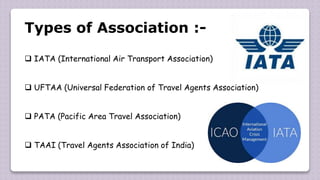 Types of Association :-
 IATA (International Air Transport Association)
 UFTAA (Universal Federation of Travel Agents Association)
 PATA (Pacific Area Travel Association)
 TAAI (Travel Agents Association of India)
 