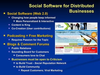 Social Software for Distributed Businesses <ul><li>Social Software (Web 2.0) </li></ul><ul><ul><li>Changing how people kee...