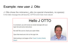 Example: new user J. Otto
J. Otto chose the nickname j_otto (no special characters, no spaces)
In the hello message this will become J OTTO to let it look more natural
 